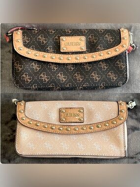 GUESS Purse Magnetic Pink & Brown Shoulder Bag Studded Gold Tone Logo*READ